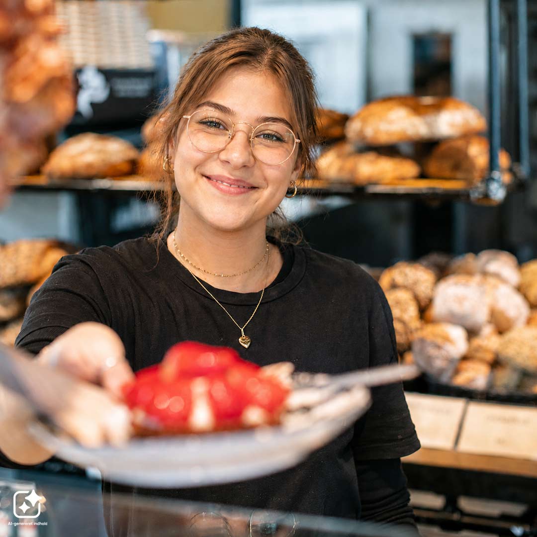 Smilende medarbejder fra Holms Bager giver kunde kage. 